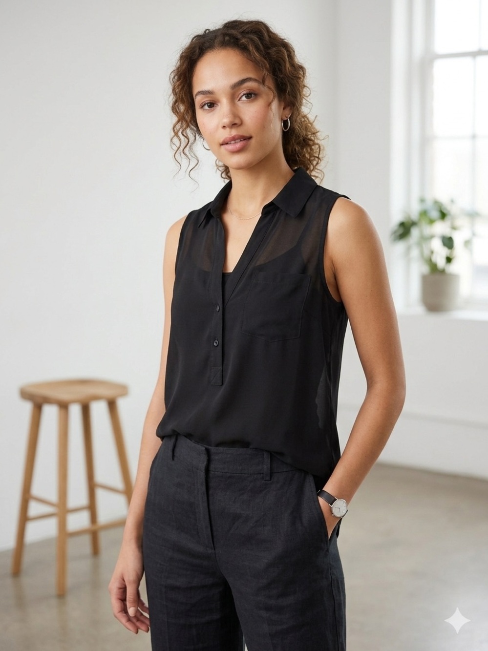 Old Navy Black Sleeveless Collared V-Neck Camisole